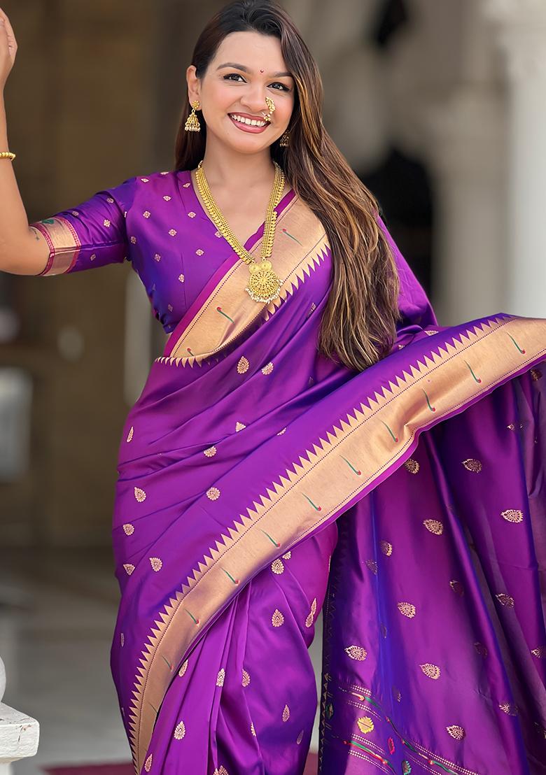 Magenta Zari Work Silk Saree Set - Indya