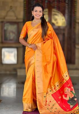 Orange Zari Work Silk Saree Set