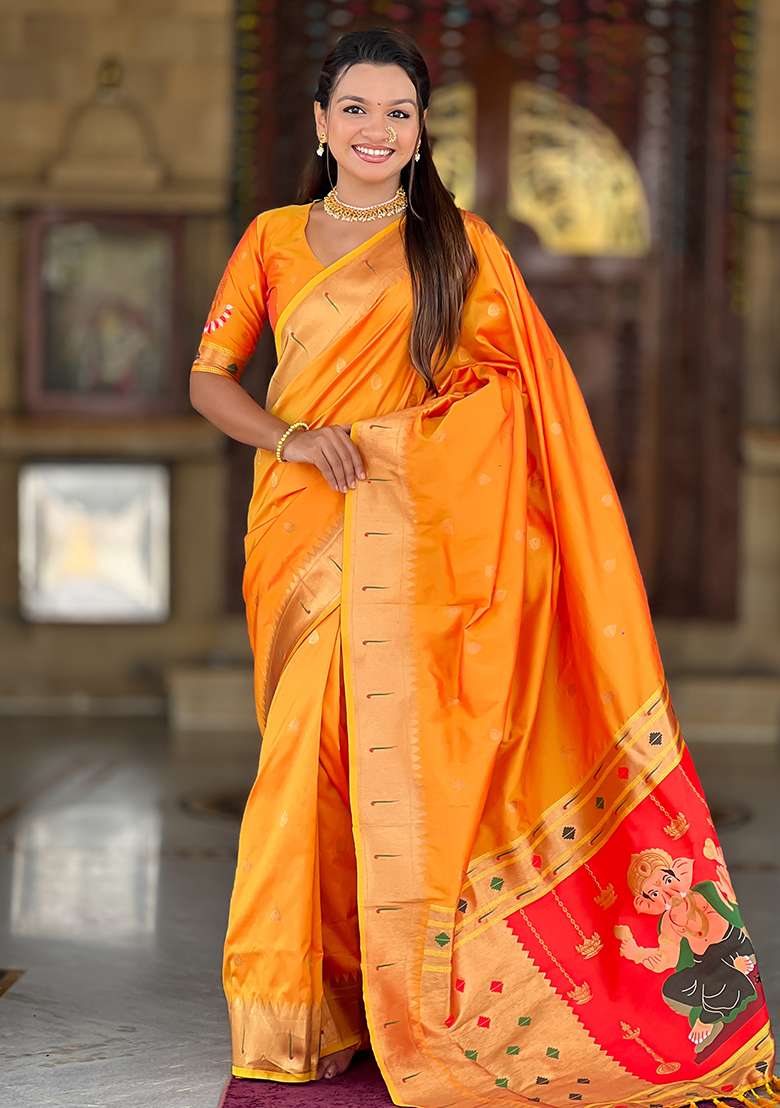 Orange Zari Work Silk Blend Saree Set - Indya