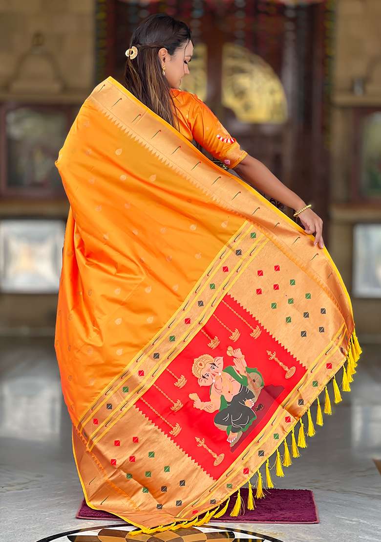 Orange Zari Work Silk Blend Saree Set - Indya