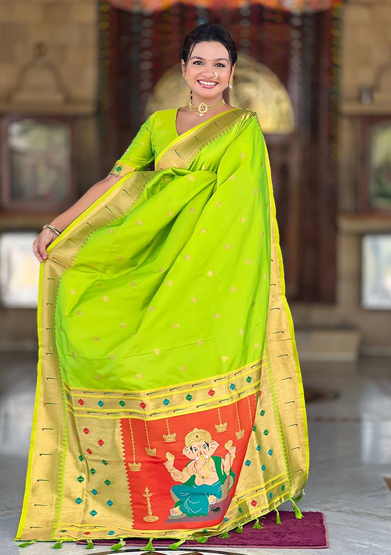 Perrot Green Zari Work Silk Saree Set - Indya