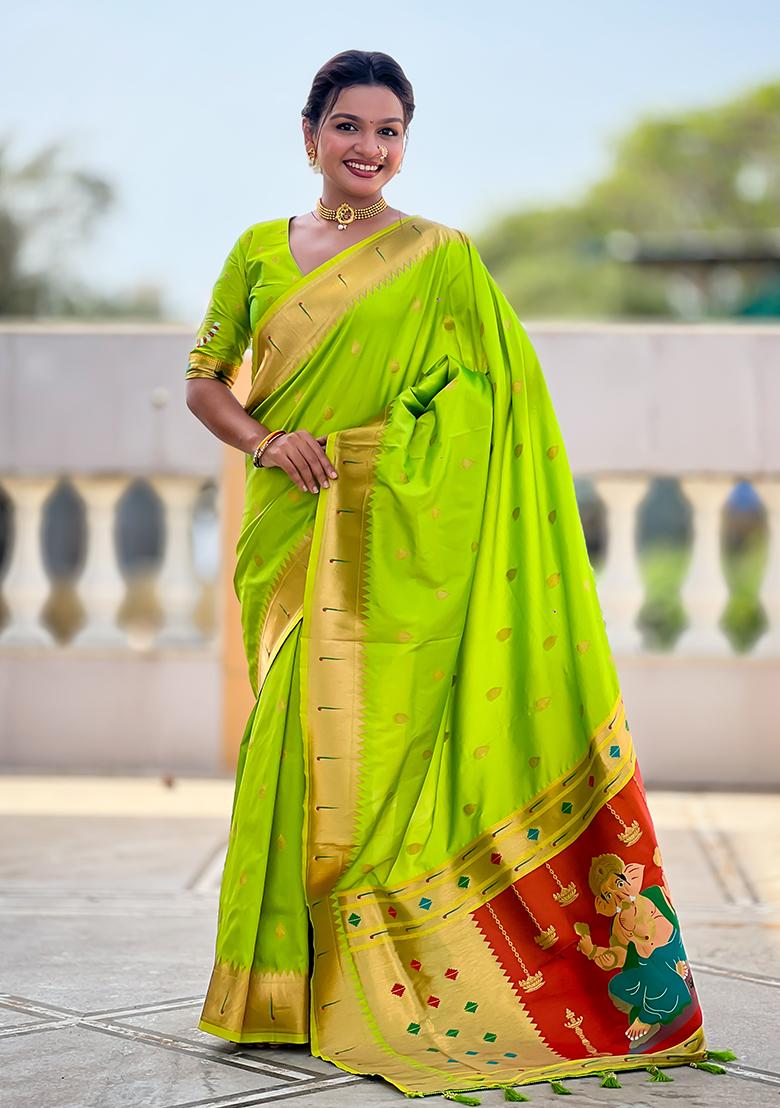 Perrot Green Zari Work Silk Saree Set - Indya