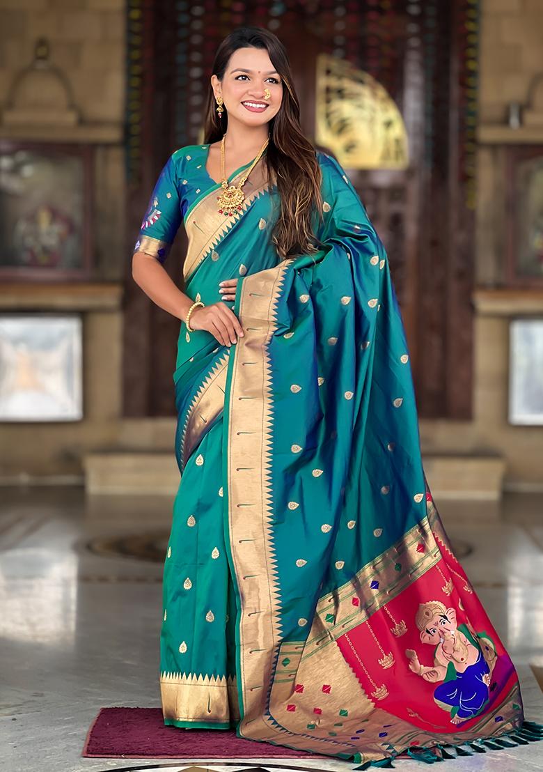 Rama Zari Work Silk Saree Set - Indya