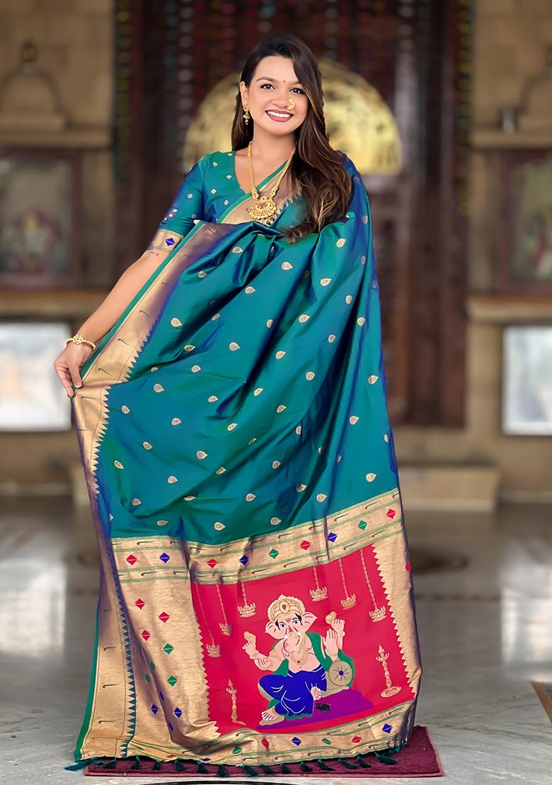 Rama Zari Work Silk Saree Set - Indya