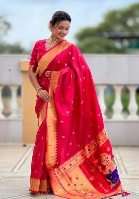 Rani Pink Zari Work Silk Saree Set