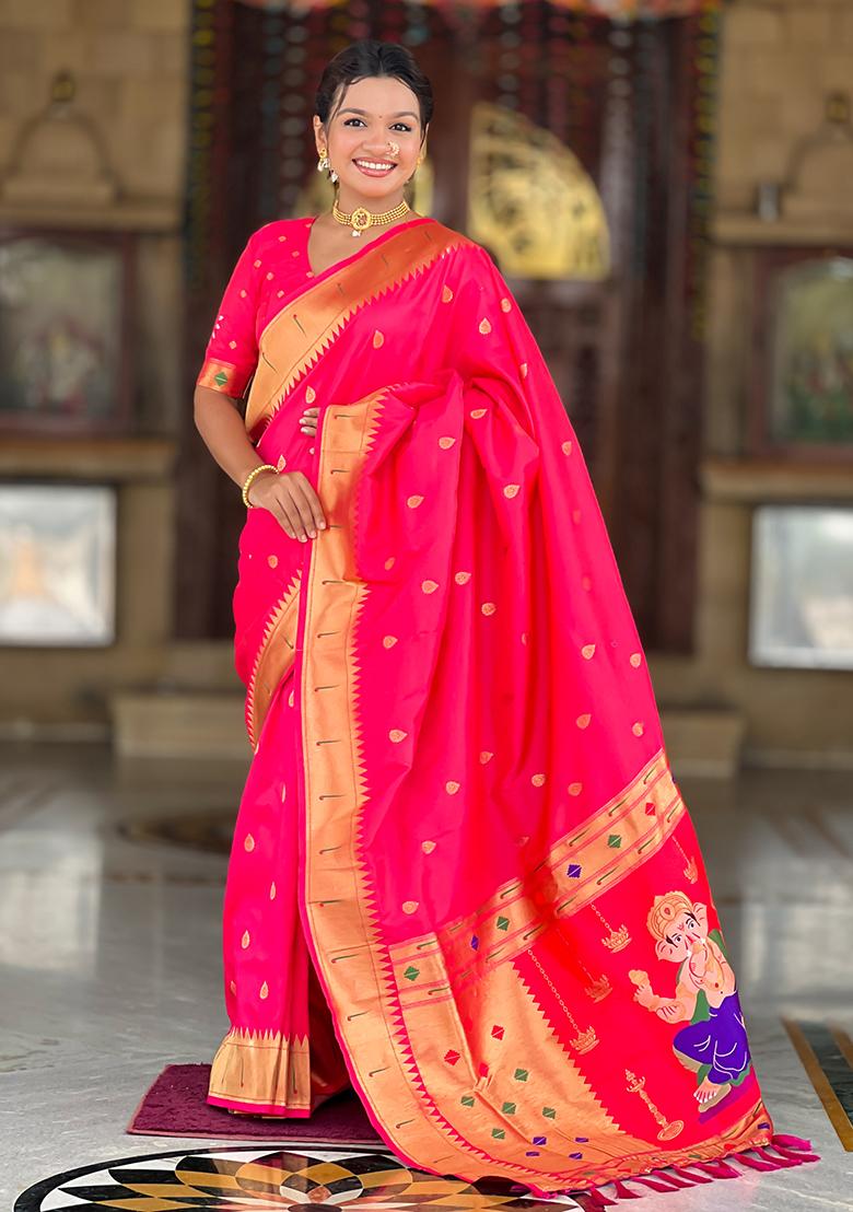 Rani Pink Zari Work Silk Saree Set - Indya