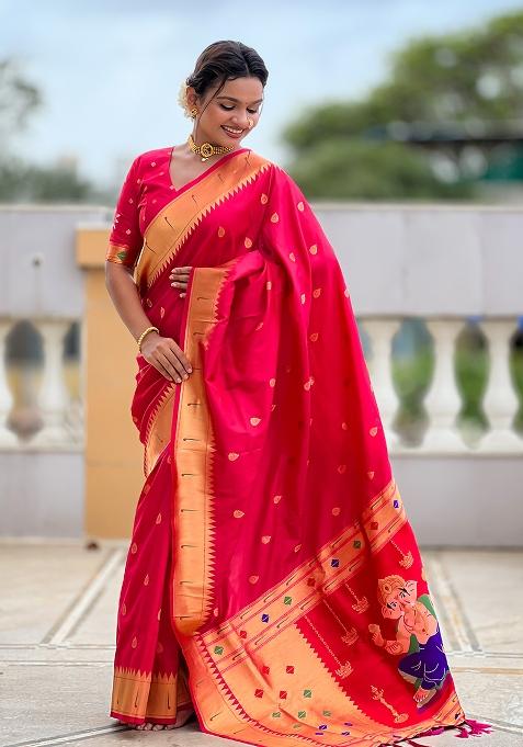 Rani Pink Zari Work Silk Saree Set