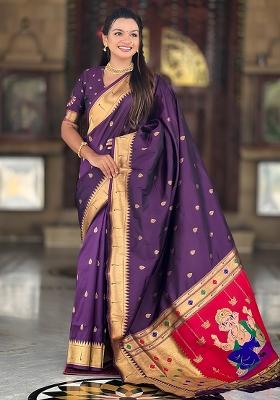 Wine Zari Work Silk Saree Set