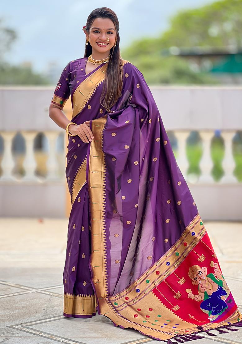 Wine Zari Work Silk Saree Set - Indya