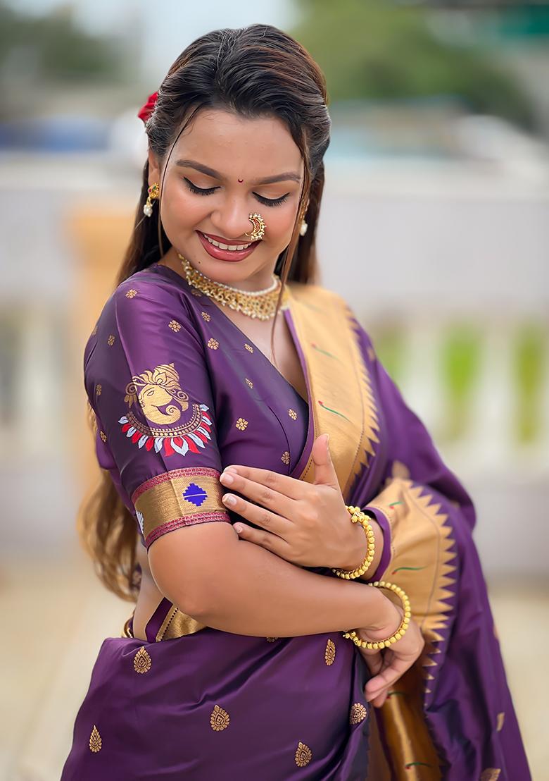 Wine Zari Work Silk Saree Set - Indya