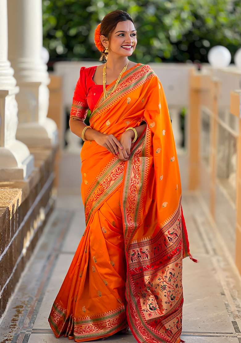 Orange Zari Work Silk Blend Saree Set - Indya