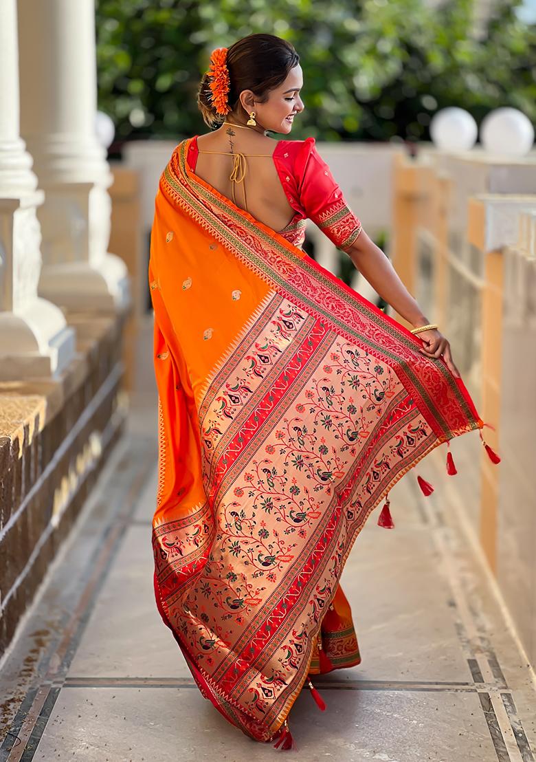 Orange Zari Work Silk Saree Set - Indya
