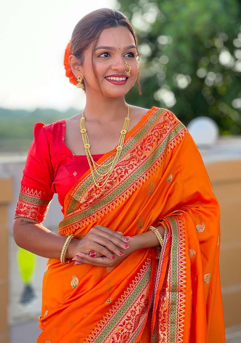Orange Zari Work Silk Blend Saree Set - Indya