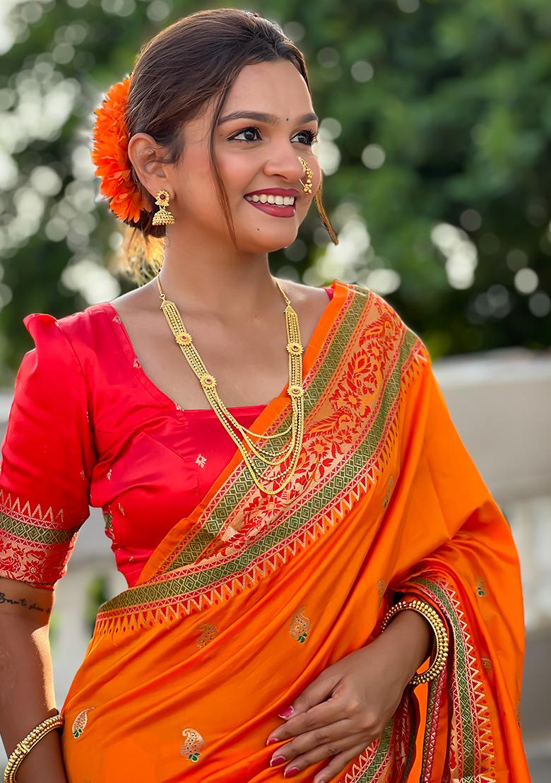 Orange Zari Work Silk Saree Set - Indya