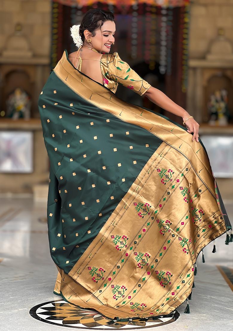Green Zari Work Silk Saree Set - Indya