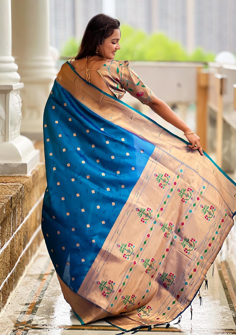 Firozi Zari Work Silk Saree Set - Indya