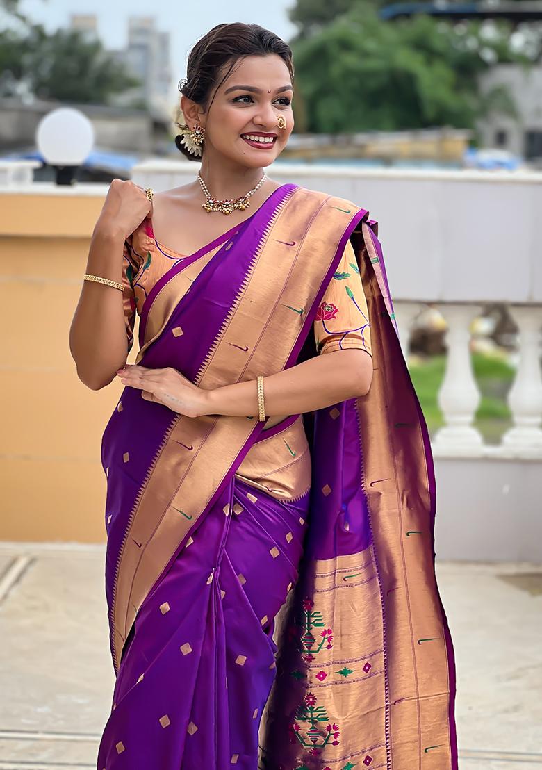 Magenta Zari Work Silk Saree Set - Indya