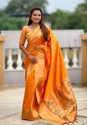 Orange Zari Work Silk Saree Set