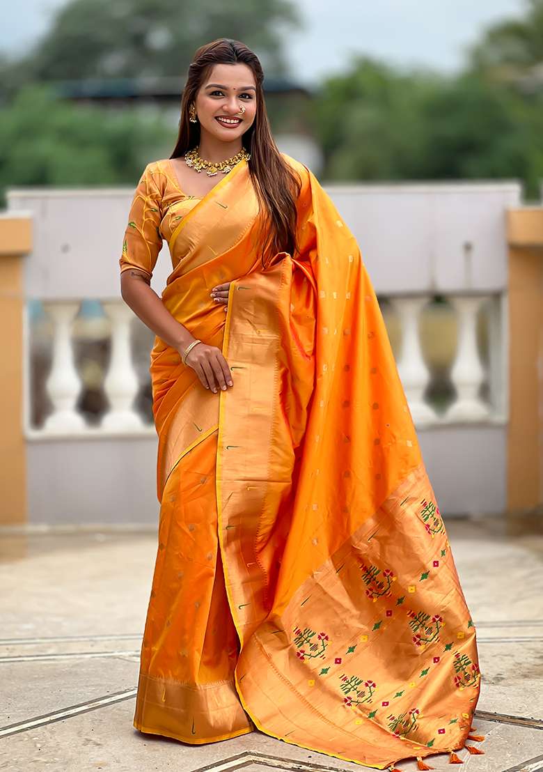 Orange Zari Work Silk Blend Saree Set for Diwali and Festive Wear - Indya