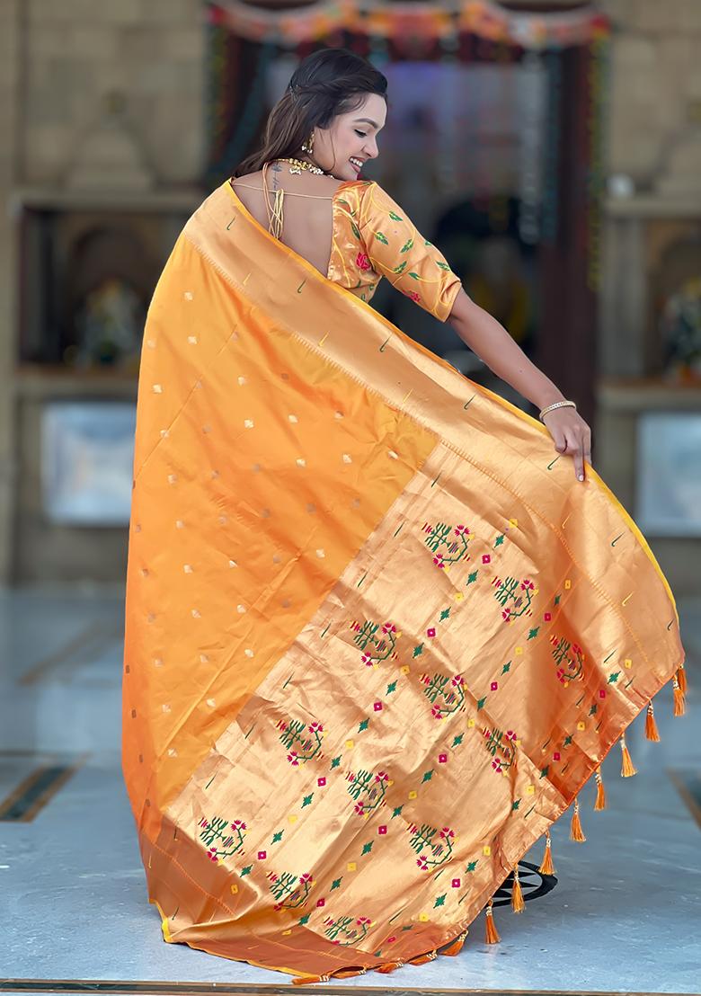 Orange Zari Work Silk Saree Set - Indya