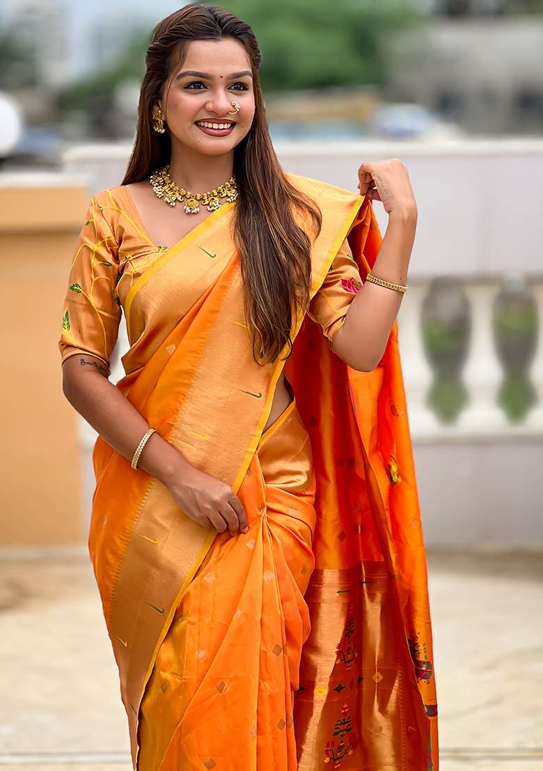 Orange Zari Work Silk Blend Saree Set for Diwali and Festive Wear - Indya