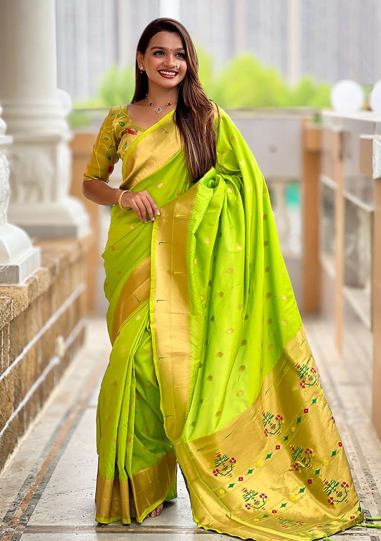 Perrot Green Zari Work Silk Blend Saree Set for Diwali and Festive Wear - Indya