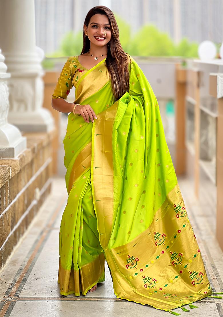 Perrot Green Zari Work Silk Saree Set - Indya