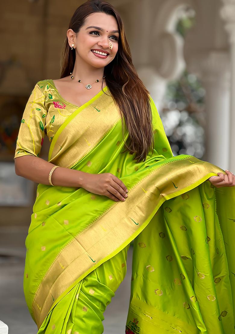 Perrot Green Zari Work Silk Saree Set - Indya