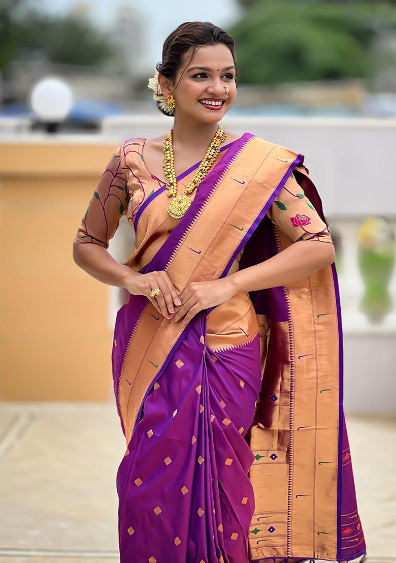 Purple Zari Work Silk Saree Set - Indya