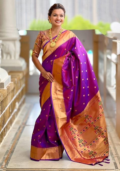 Purple Zari Work Silk Saree Set