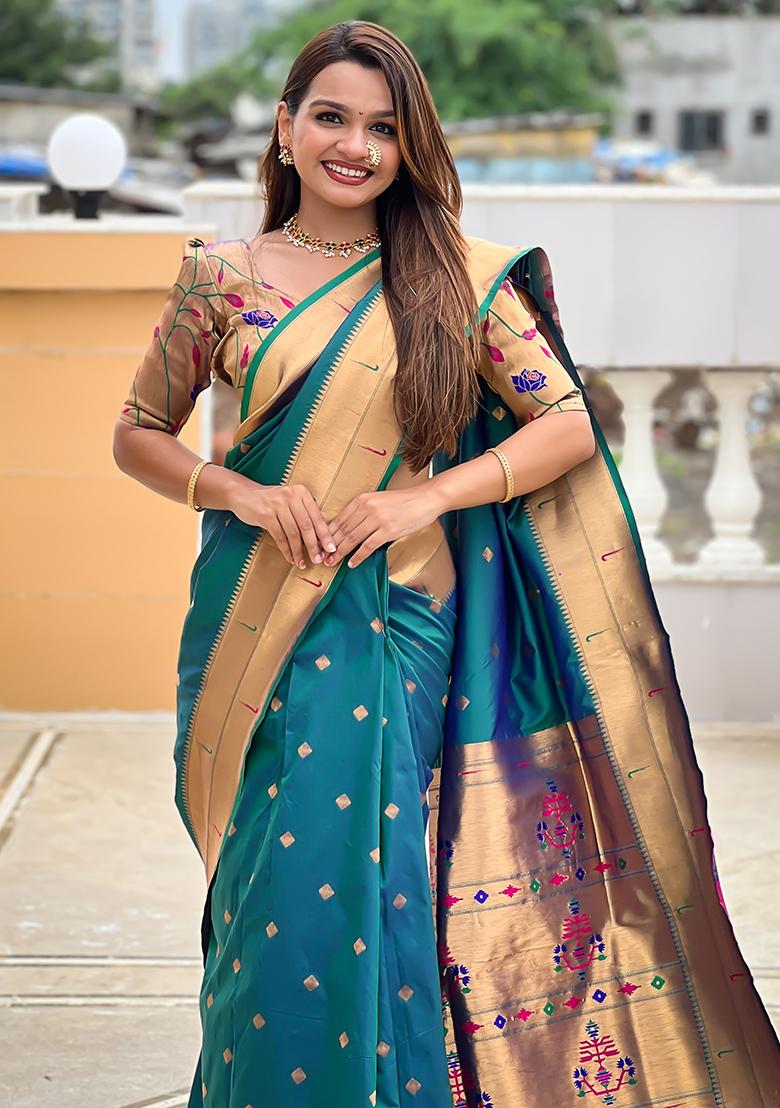Rama Zari Work Silk Saree Set - Indya