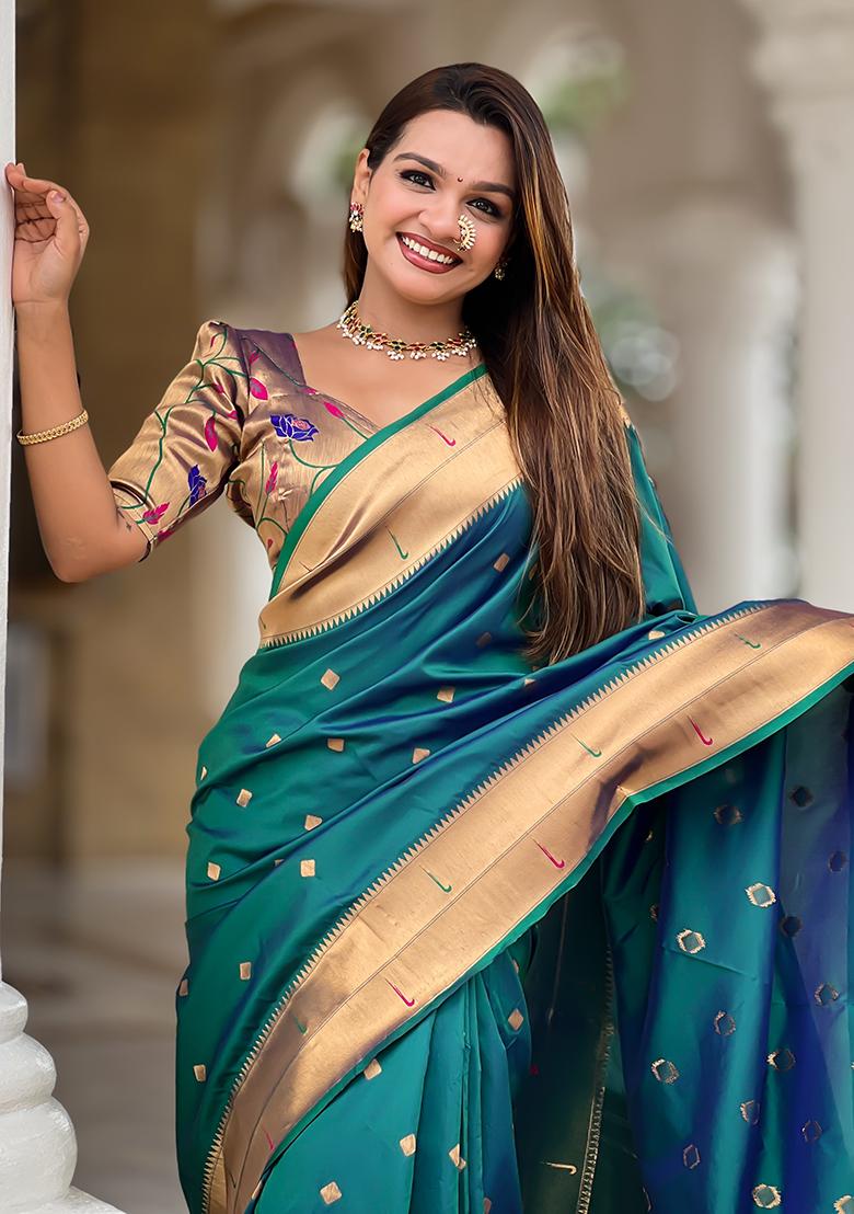 Rama Zari Work Silk Saree Set - Indya