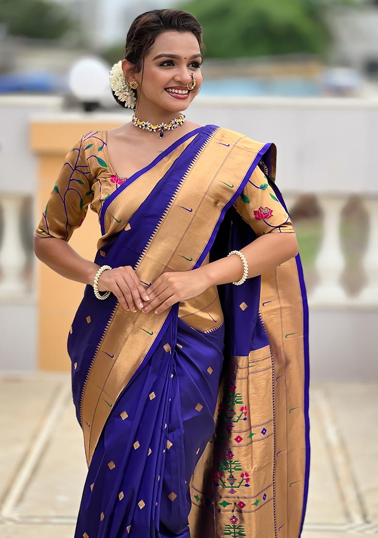 Violet Zari Work Silk Saree Set - Indya