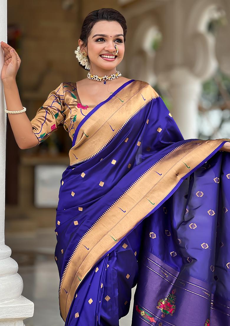 Violet Zari Work Silk Saree Set - Indya