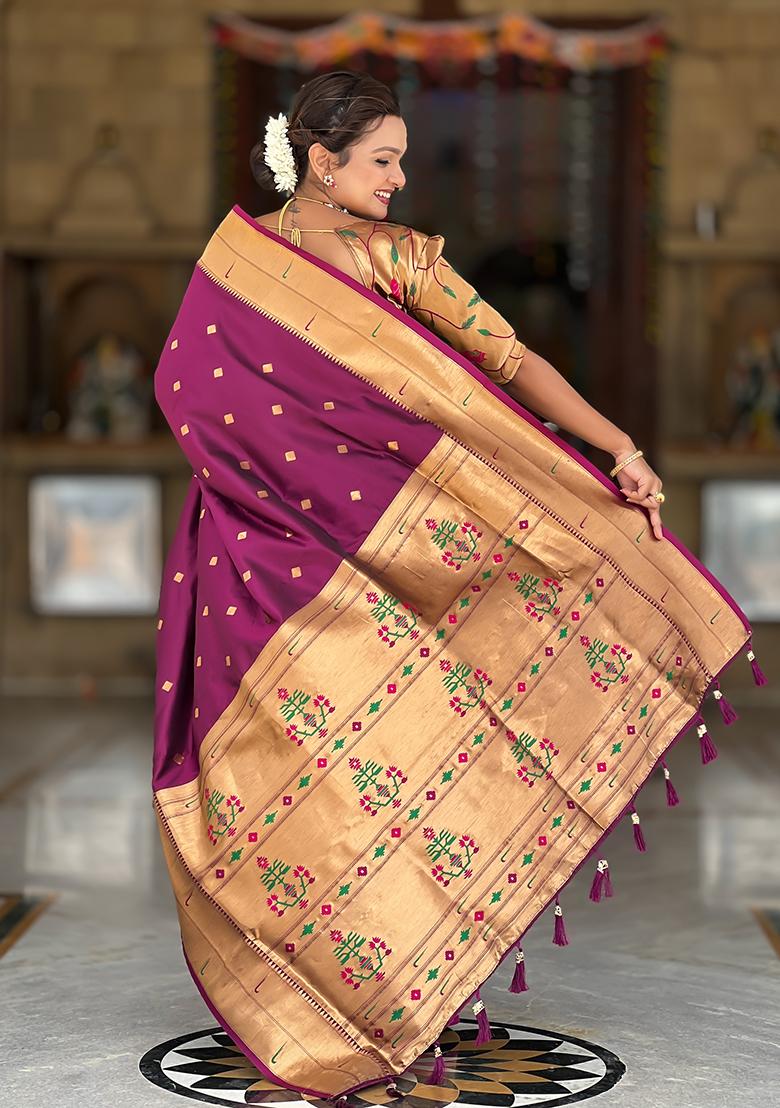 Wine Zari Work Silk Saree Set - Indya