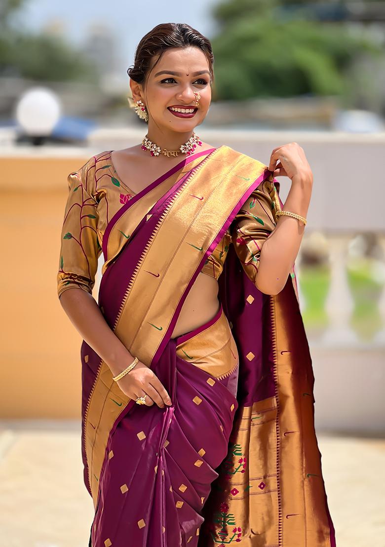 Wine Zari Work Silk Saree Set - Indya