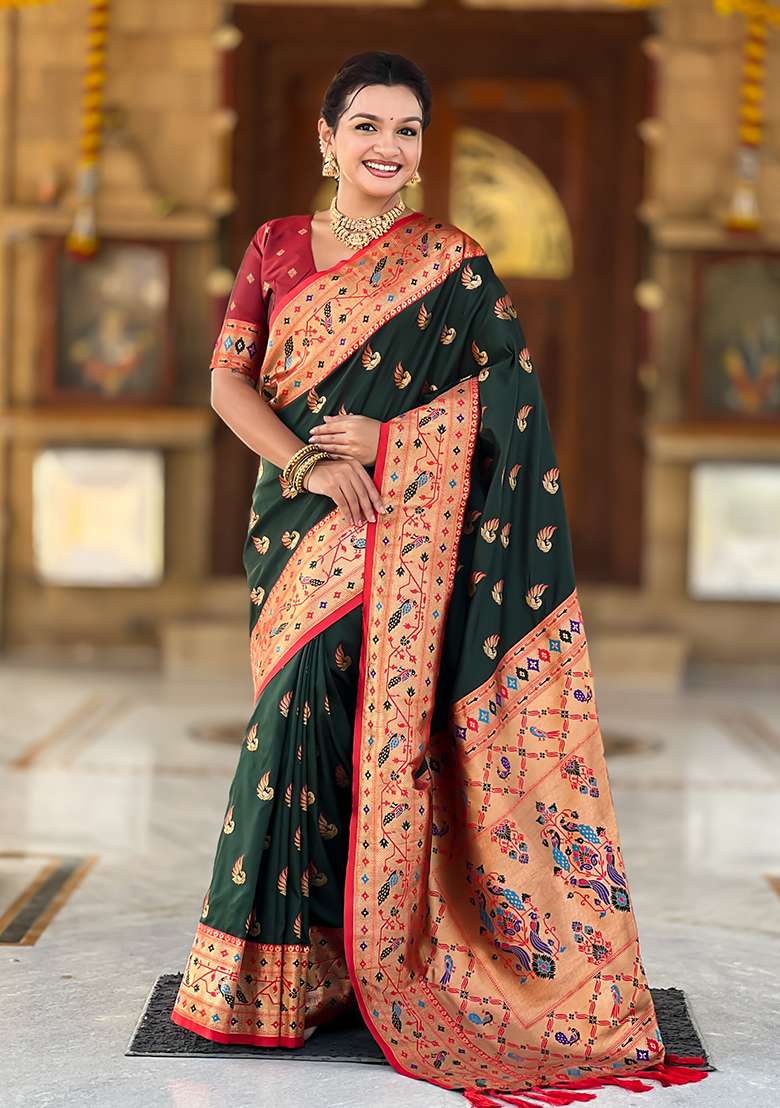 Green Zari Work Silk Blend Saree Set for Diwali and Festive Wear - Indya