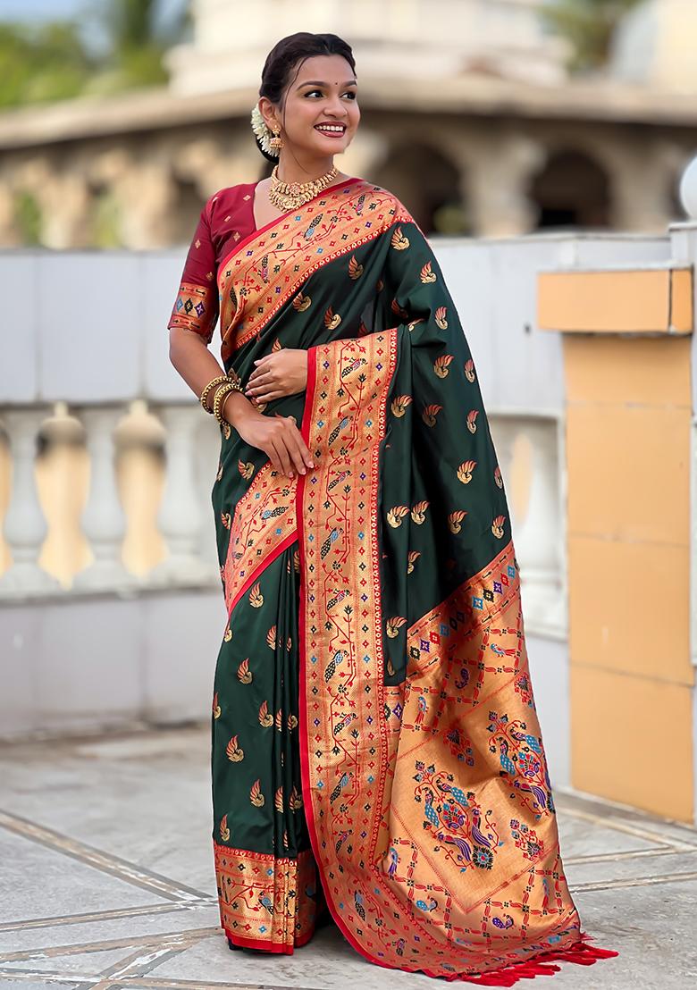Green Zari Work Silk Saree Set - Indya