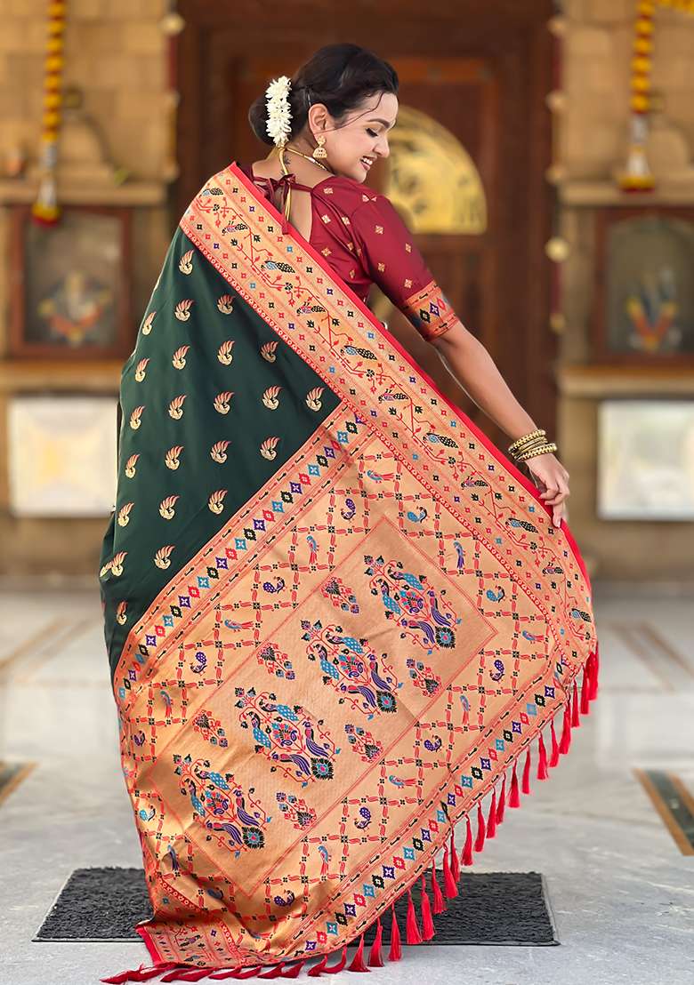 Green Zari Work Silk Blend Saree Set for Diwali and Festive Wear - Indya