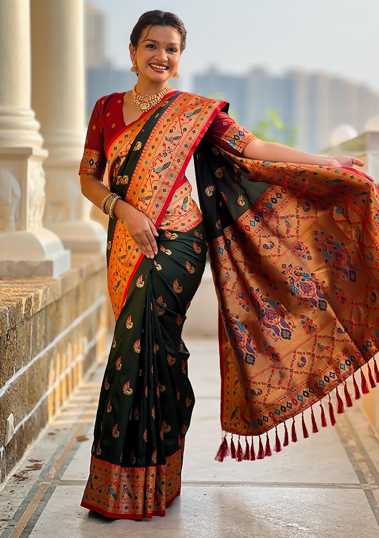 Green Zari Work Silk Saree Set - Indya
