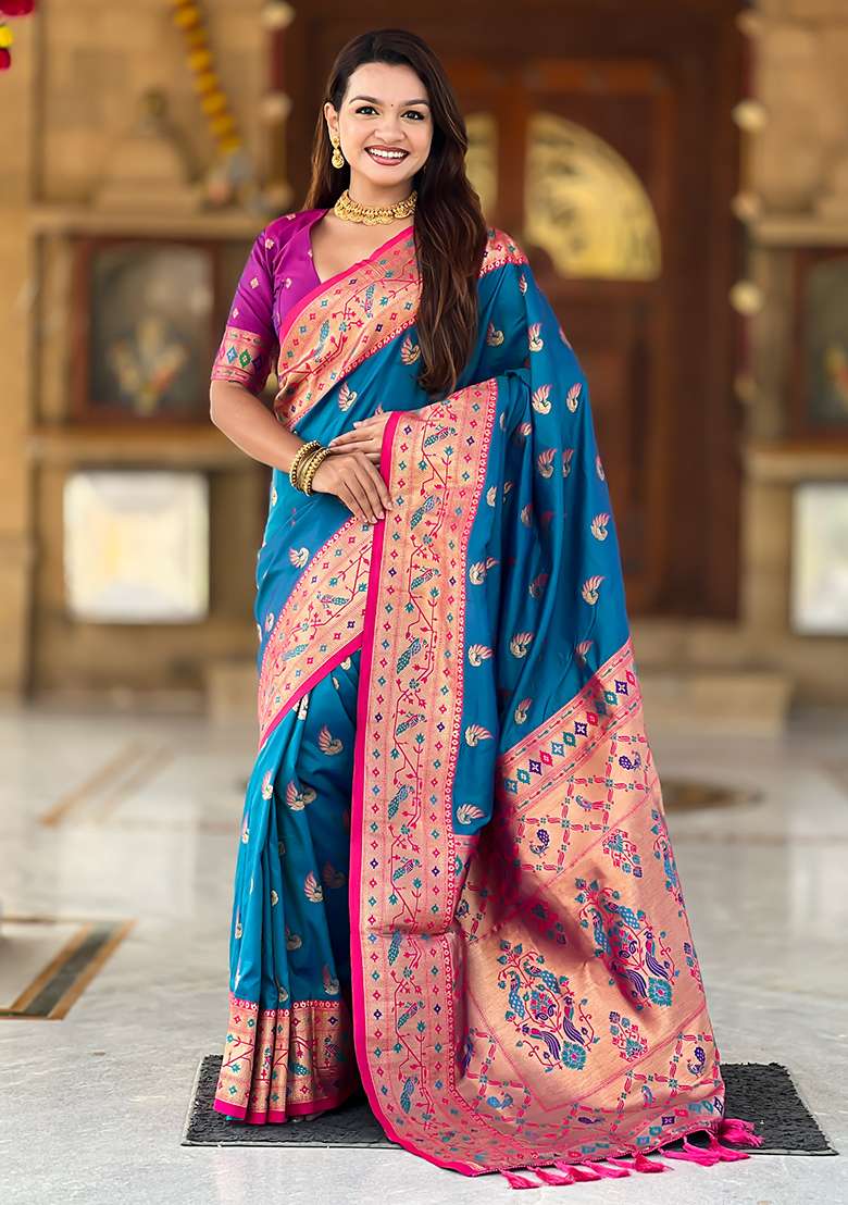 Firozi Zari Work Silk Blend Saree Set for Diwali and Festive Wear - Indya