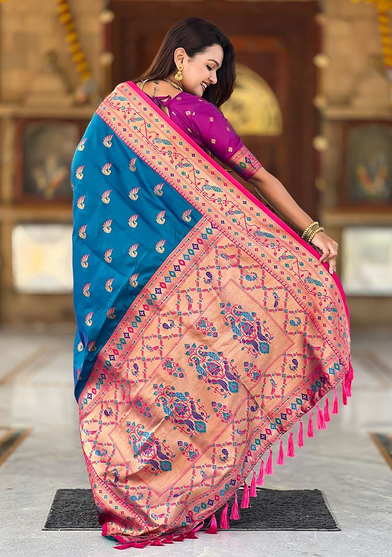 Firozi Zari Work Silk Blend Saree Set for Diwali and Festive Wear - Indya