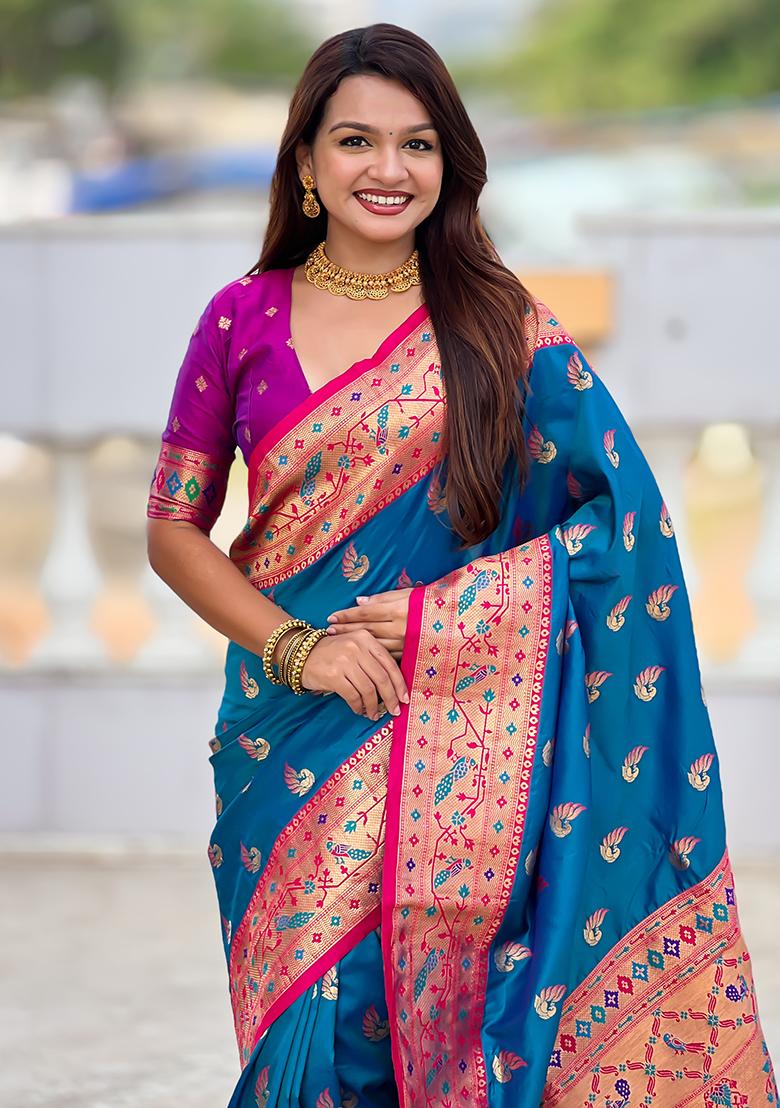 Firozi Zari Work Silk Saree Set - Indya