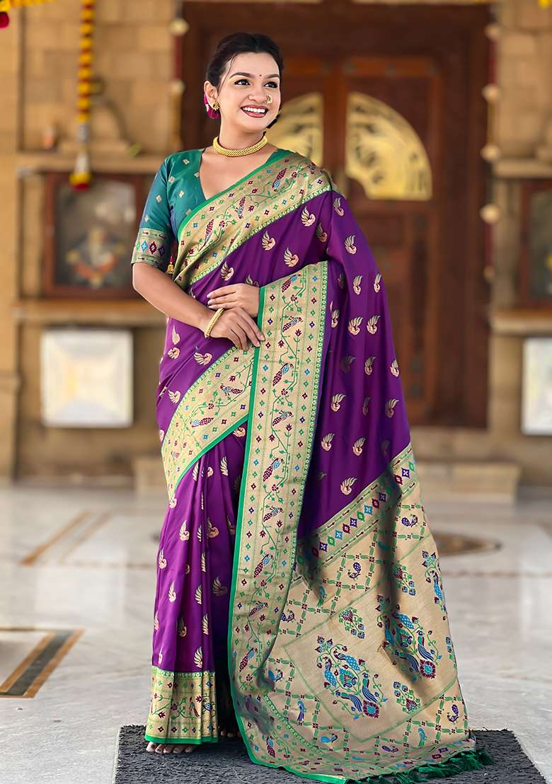 Magenta Zari Work Silk Blend Saree Set for Diwali and Festive Wear - Indya