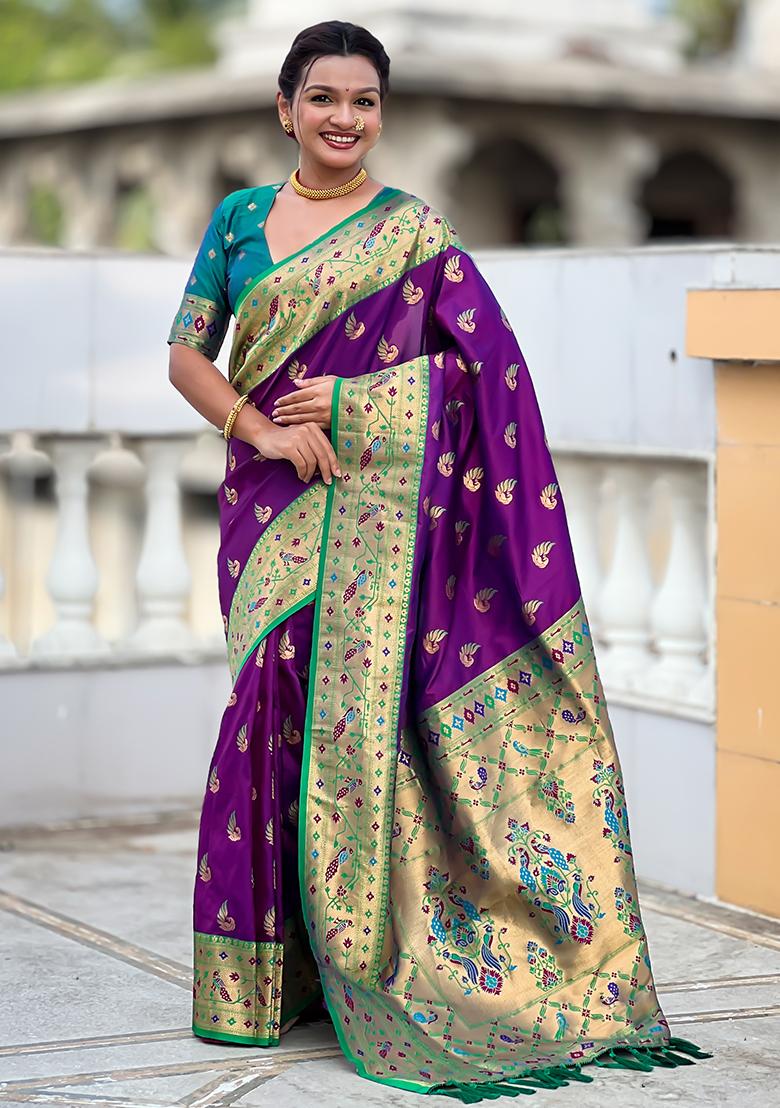 Magenta Zari Work Silk Saree Set - Indya