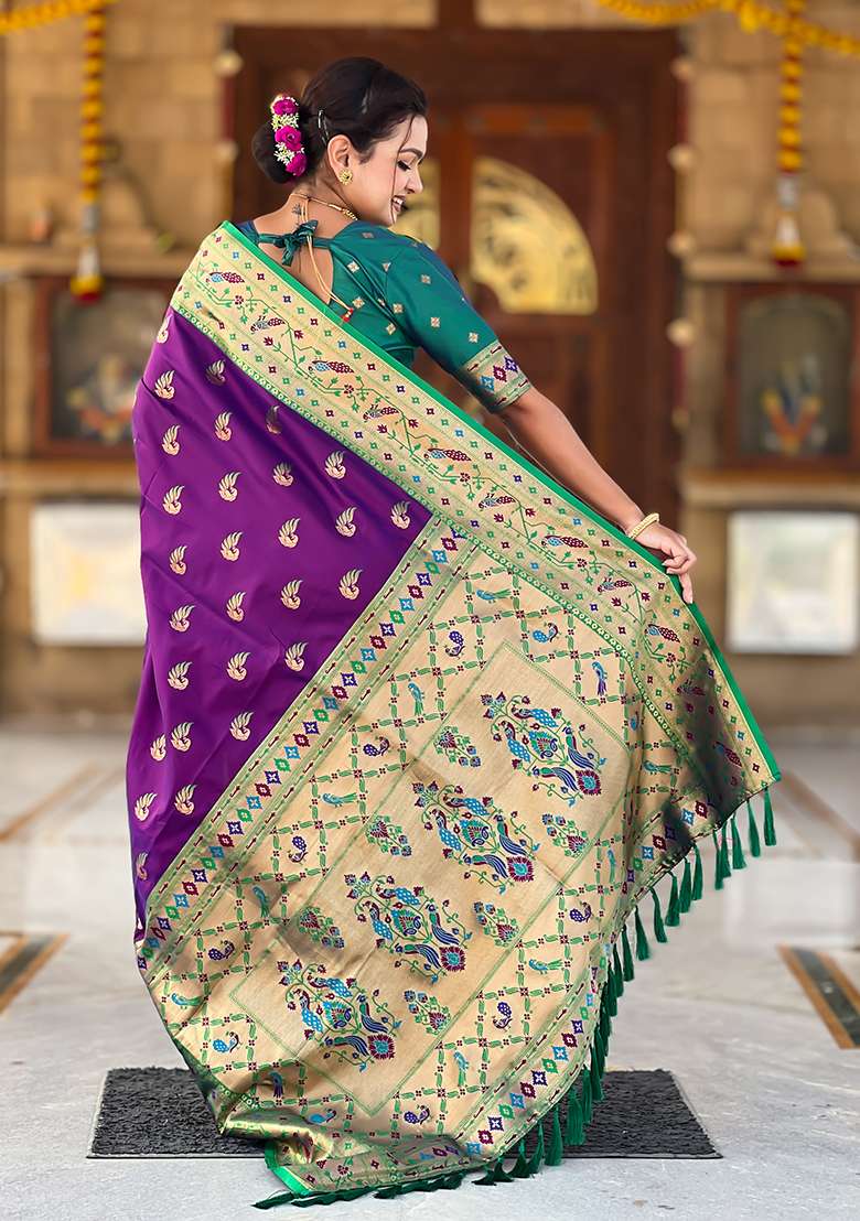 Magenta Zari Work Silk Blend Saree Set for Diwali and Festive Wear - Indya