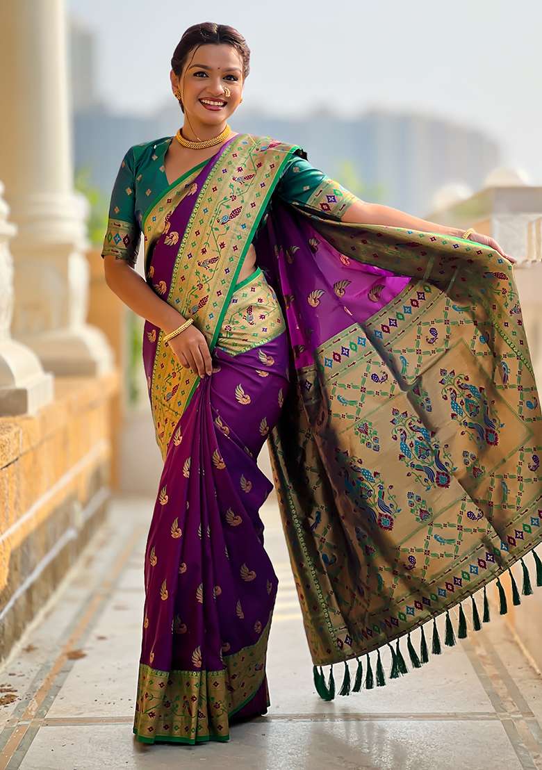 Magenta Zari Work Silk Blend Saree Set for Diwali and Festive Wear - Indya