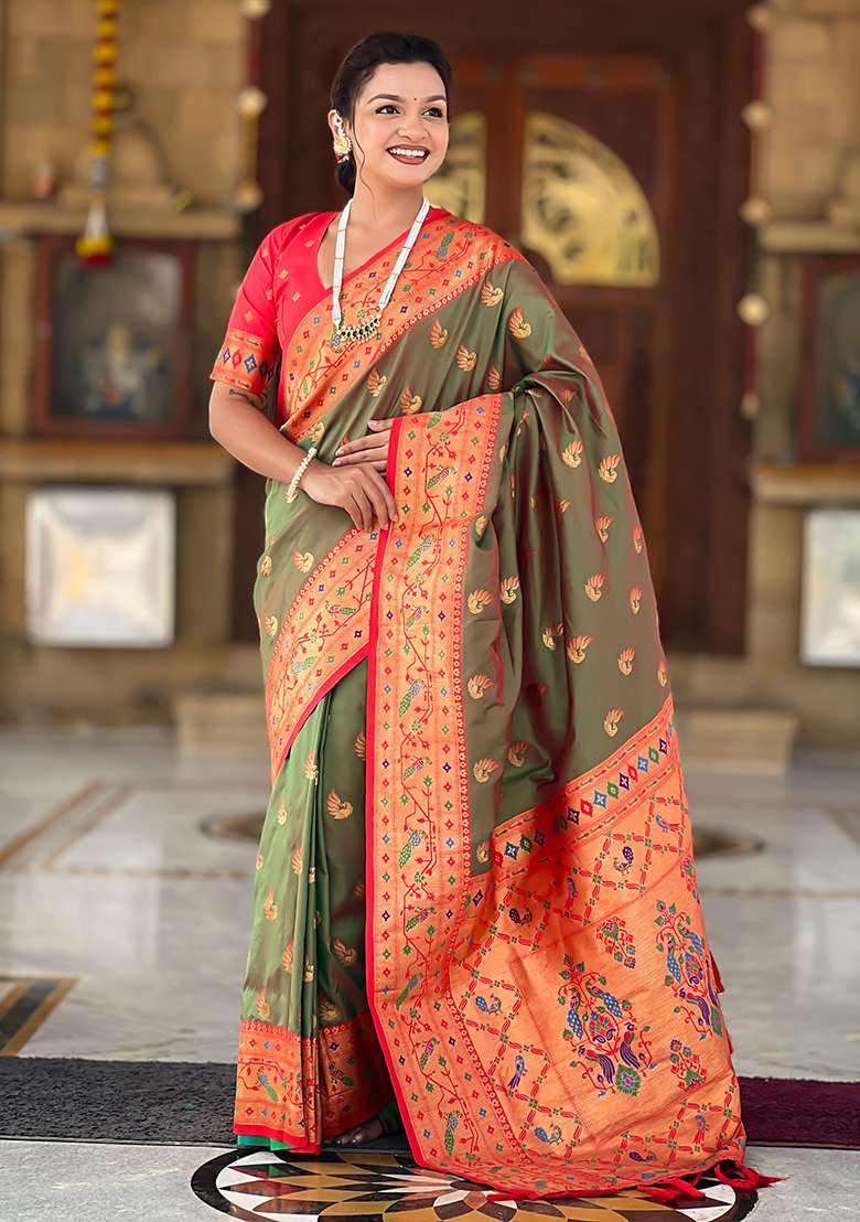 Mehendi Silk Blend Saree Set with Zari Work for Diwali | Wedding & Festive Wear - Indya