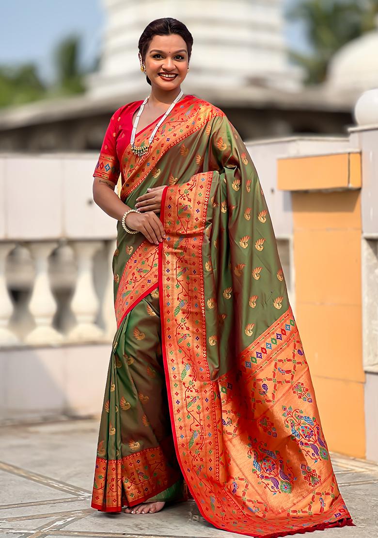 Mehendi Zari Work Silk Saree Set - Indya