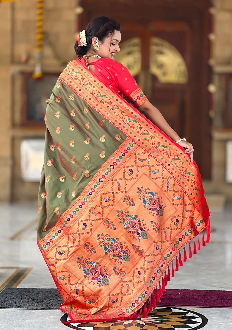 Mehendi Silk Blend Saree Set with Zari Work for Diwali | Wedding & Festive Wear - Indya